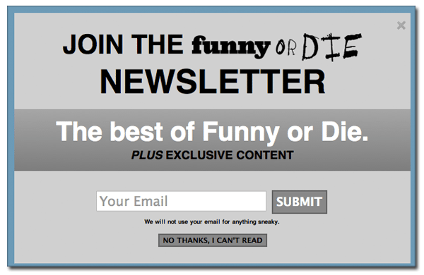 Funny or Die newsletter, online newsletter sign up, online newsletter