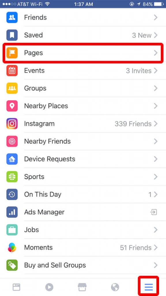 The Main Menu of the Facebook App on iOS