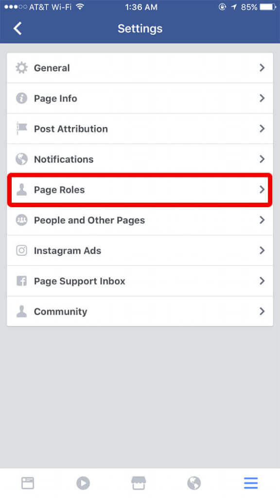 Facebook App iOS Page Settings Menu