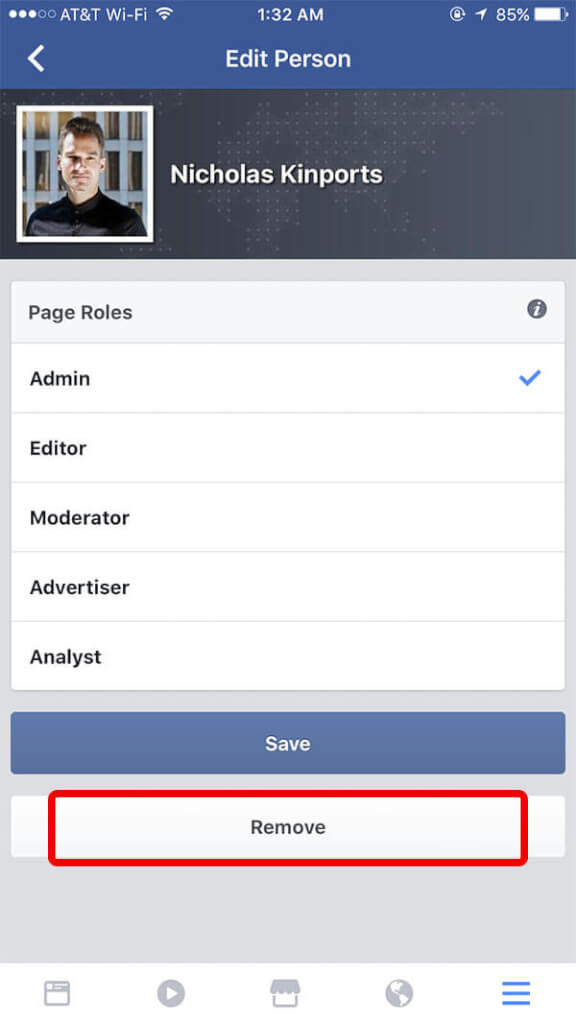 Remove Page Admin Facebook App iOS