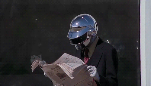 Daft Punk Looking Up From Newspaper